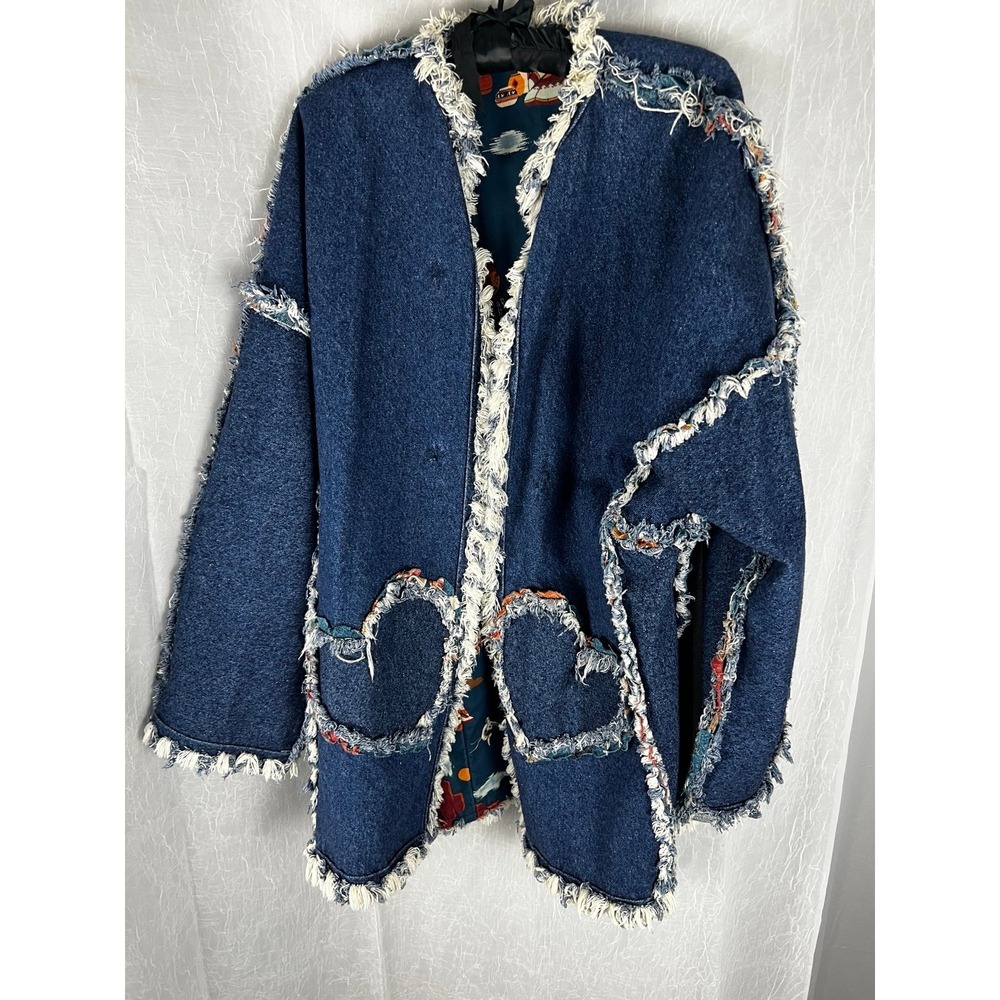 Denim open-front jacket frayed fringe trim and distinctive heart-pockets size L